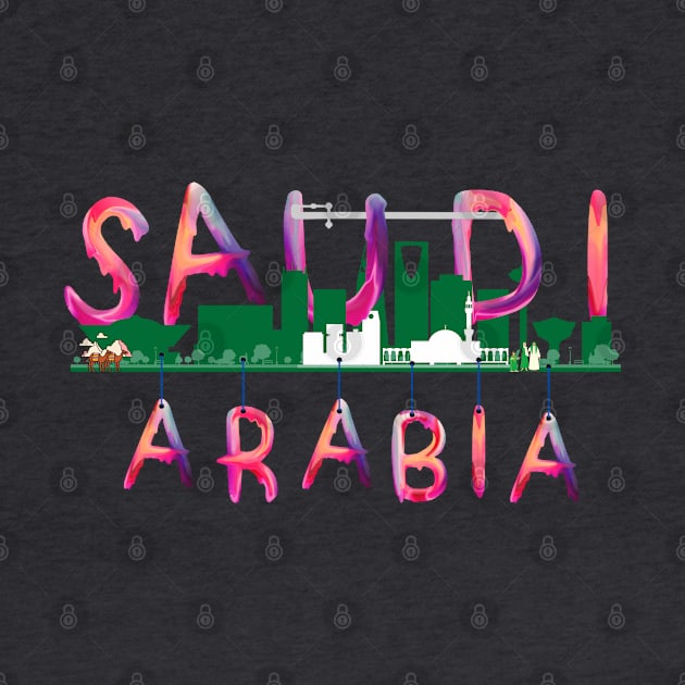 Saudi Arabia watercolor  Landmarks - pink lettering ( Saudicraft Serenity ) by zoolos